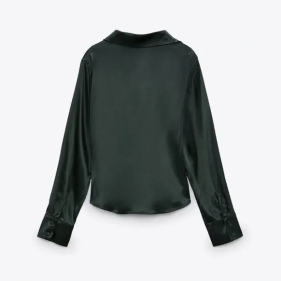 Zara Scrunched Pleated Satin Effect Shirt Bottle Green - Picture 7 of 7